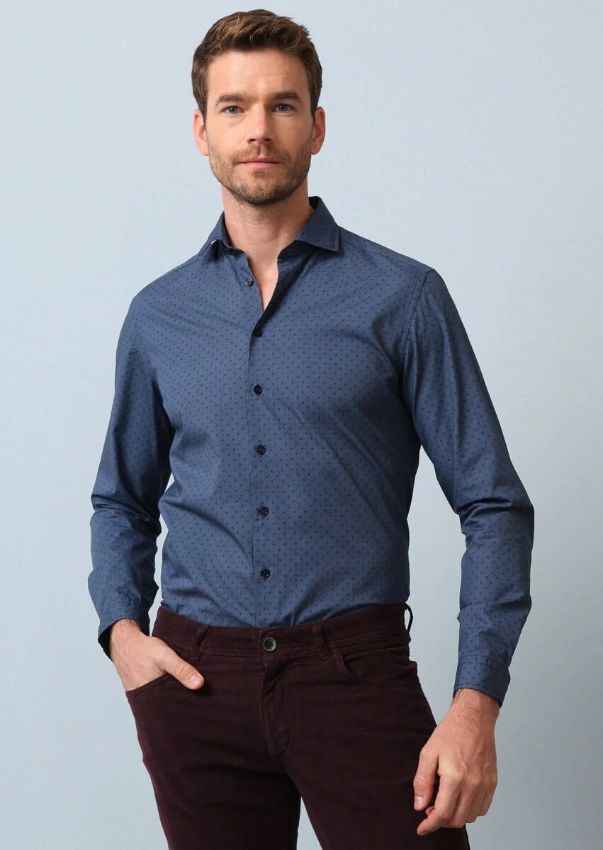 Navy Blue Printed Regular Fit Weaving Casual 100% Cotton Shirt - 1