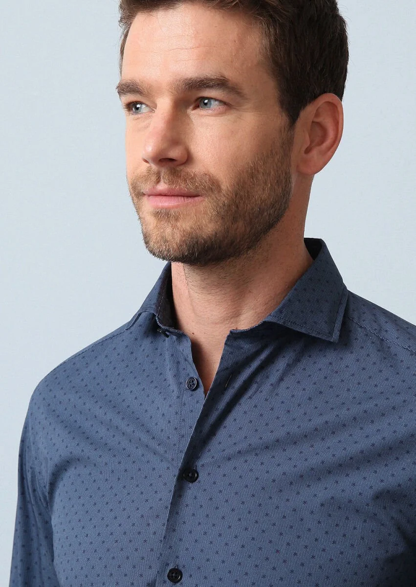 Navy Blue Printed Regular Fit Weaving Casual 100% Cotton Shirt - 2