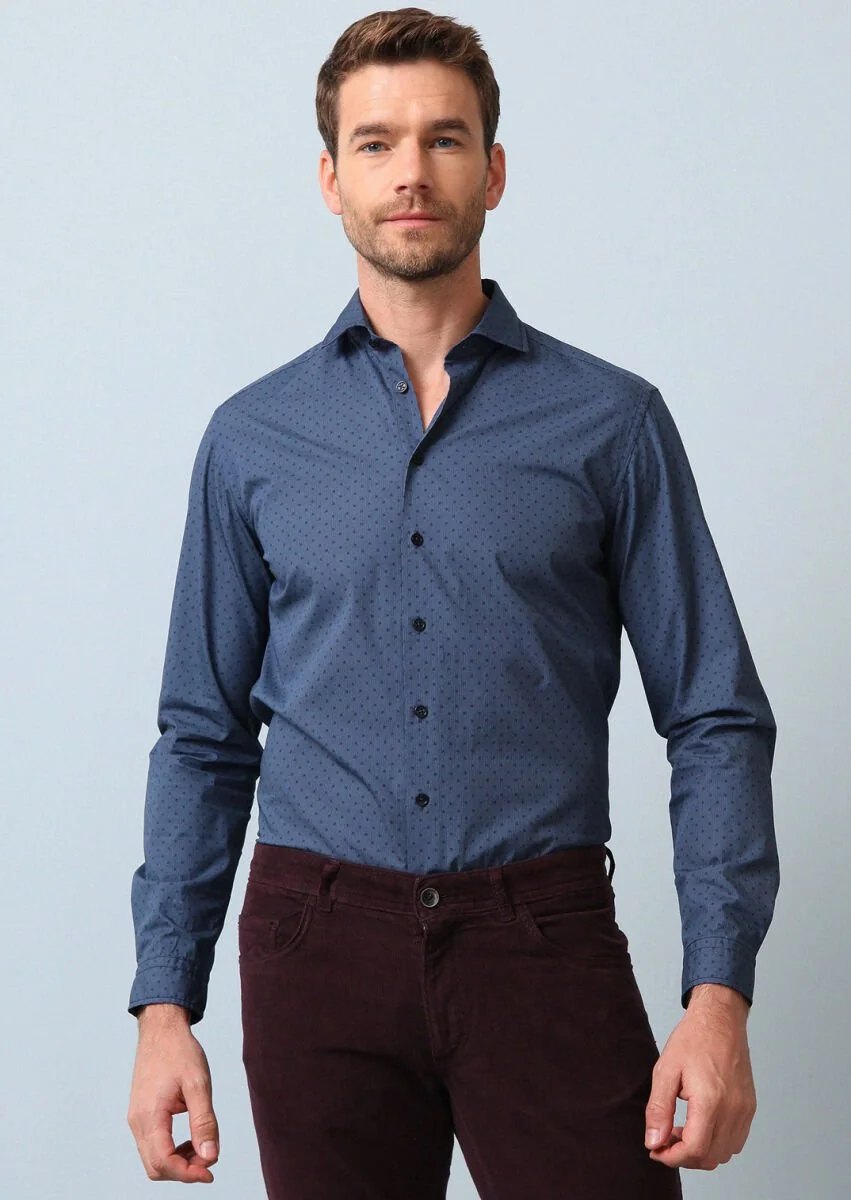 Navy Blue Printed Regular Fit Weaving Casual 100% Cotton Shirt - 3