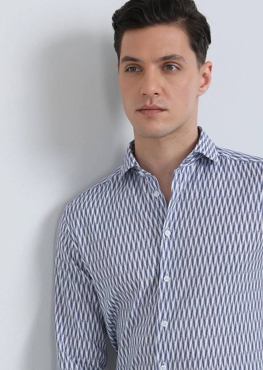 Navy Blue Printed Regular Fit Weaving Casual Cotton Blended Shirt - 1