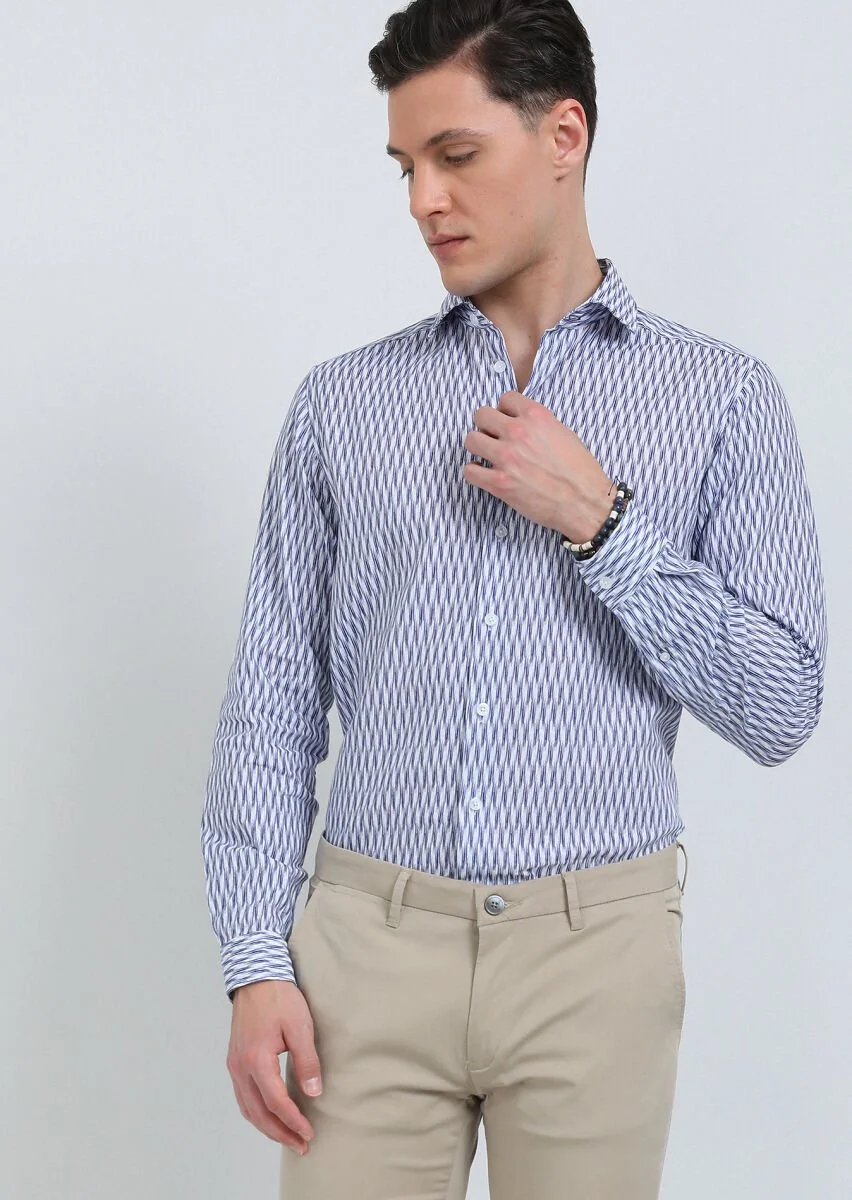Navy Blue Printed Regular Fit Weaving Casual Cotton Blended Shirt - 2