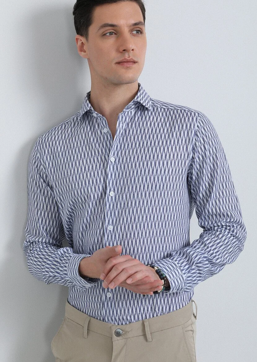 Navy Blue Printed Regular Fit Weaving Casual Cotton Blended Shirt - 3