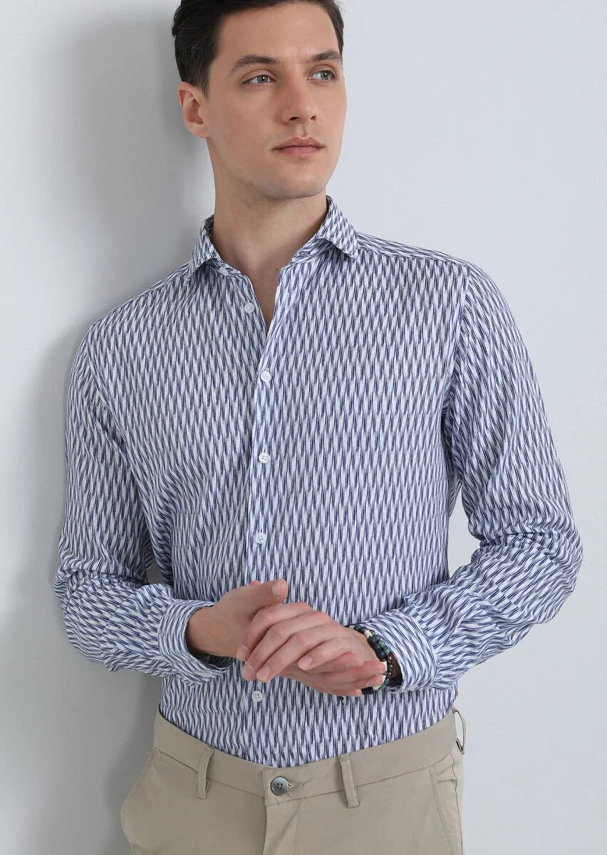 Navy Blue Printed Regular Fit Weaving Casual Cotton Blended Shirt - 3