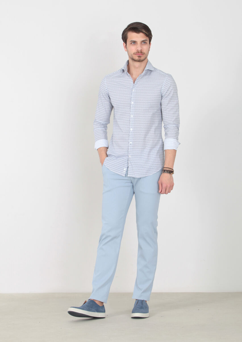 Navy Blue Printed Slim Fit Long Weaving Casual 100% Cotton Shirt - 2