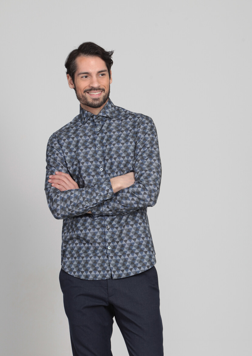 Navy Blue Printed Slim Fit Long Weaving Casual 100% Cotton Shirt - 3