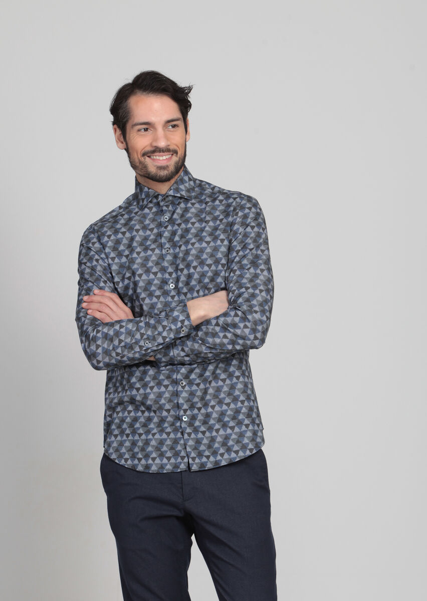 Navy Blue Printed Slim Fit Long Weaving Casual 100% Cotton Shirt - 3