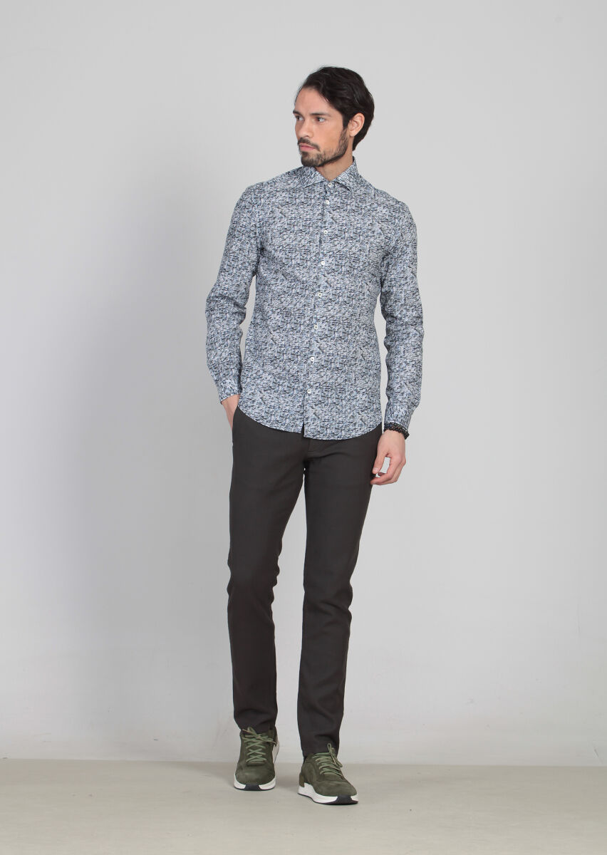 Navy Blue Printed Slim Fit Long Weaving Casual 100% Cotton Shirt - 1