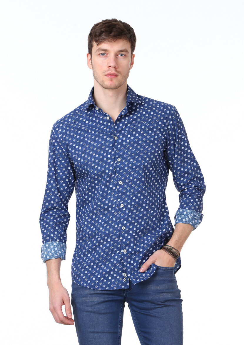 Navy Blue Printed Slim Fit Long Weaving Casual 100% Cotton Shirt - 1