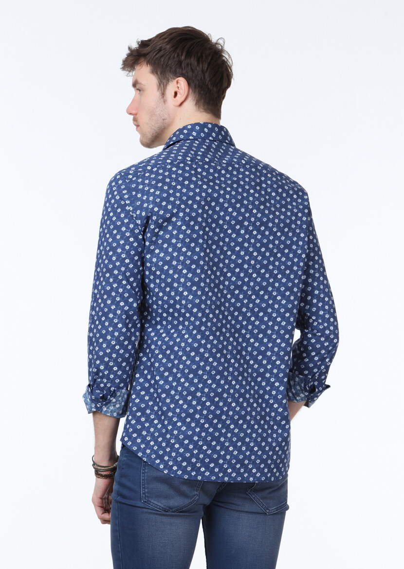 Navy Blue Printed Slim Fit Long Weaving Casual 100% Cotton Shirt - 4