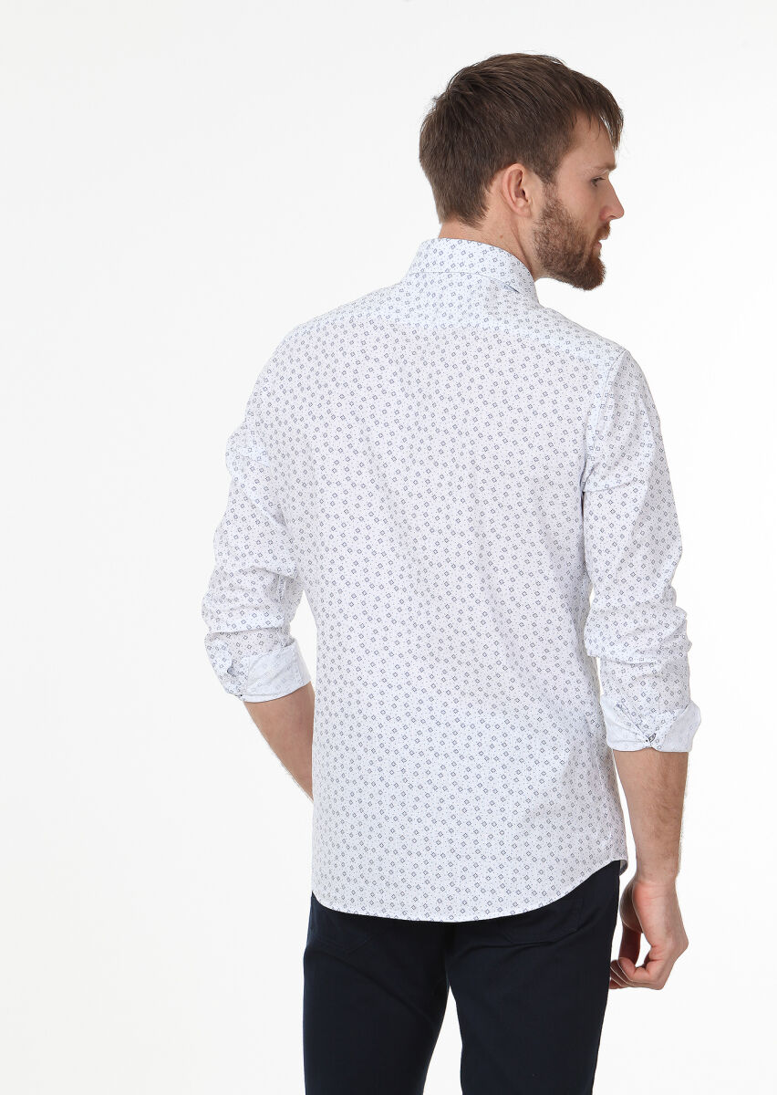 Navy Blue Printed Slim Fit Long Weaving Casual 100% Cotton Shirt - 3