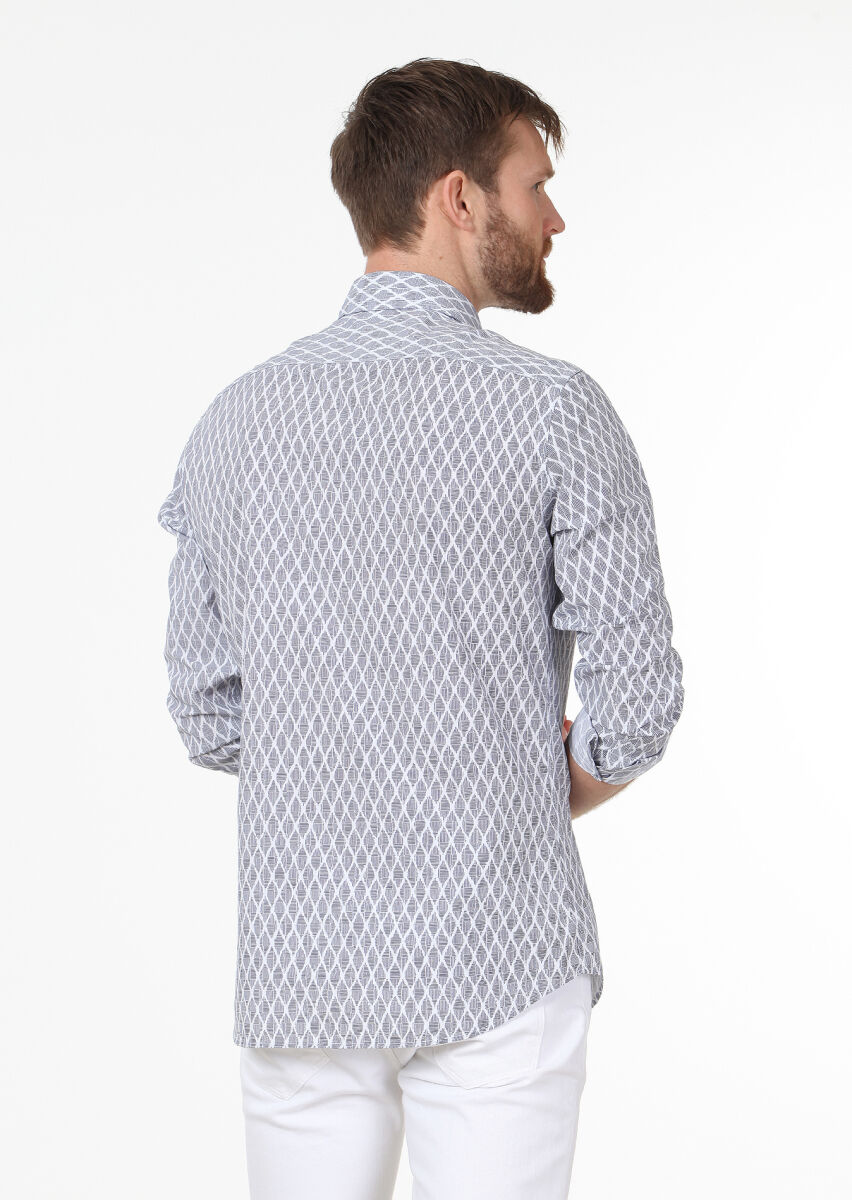 Navy Blue Printed Slim Fit Long Weaving Casual 100% Cotton Shirt - 2