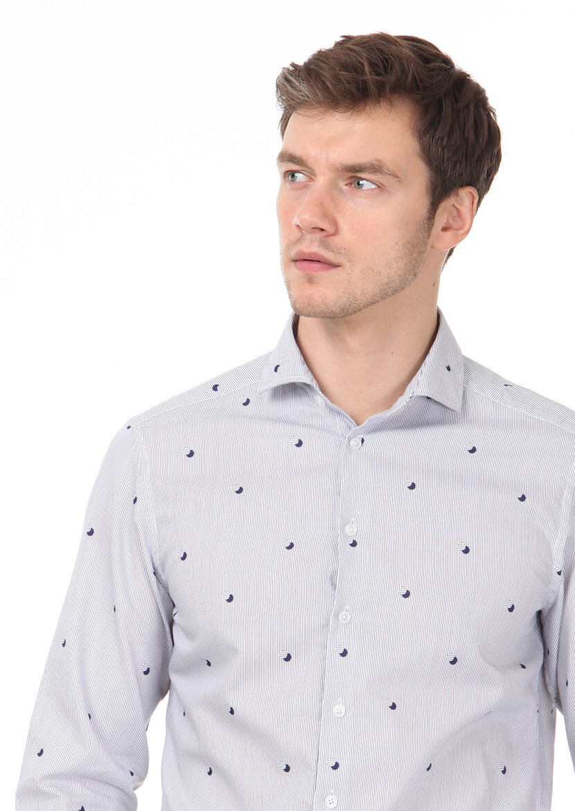 Navy Blue Printed Slim Fit Long Weaving Casual 100% Cotton Shirt - 2