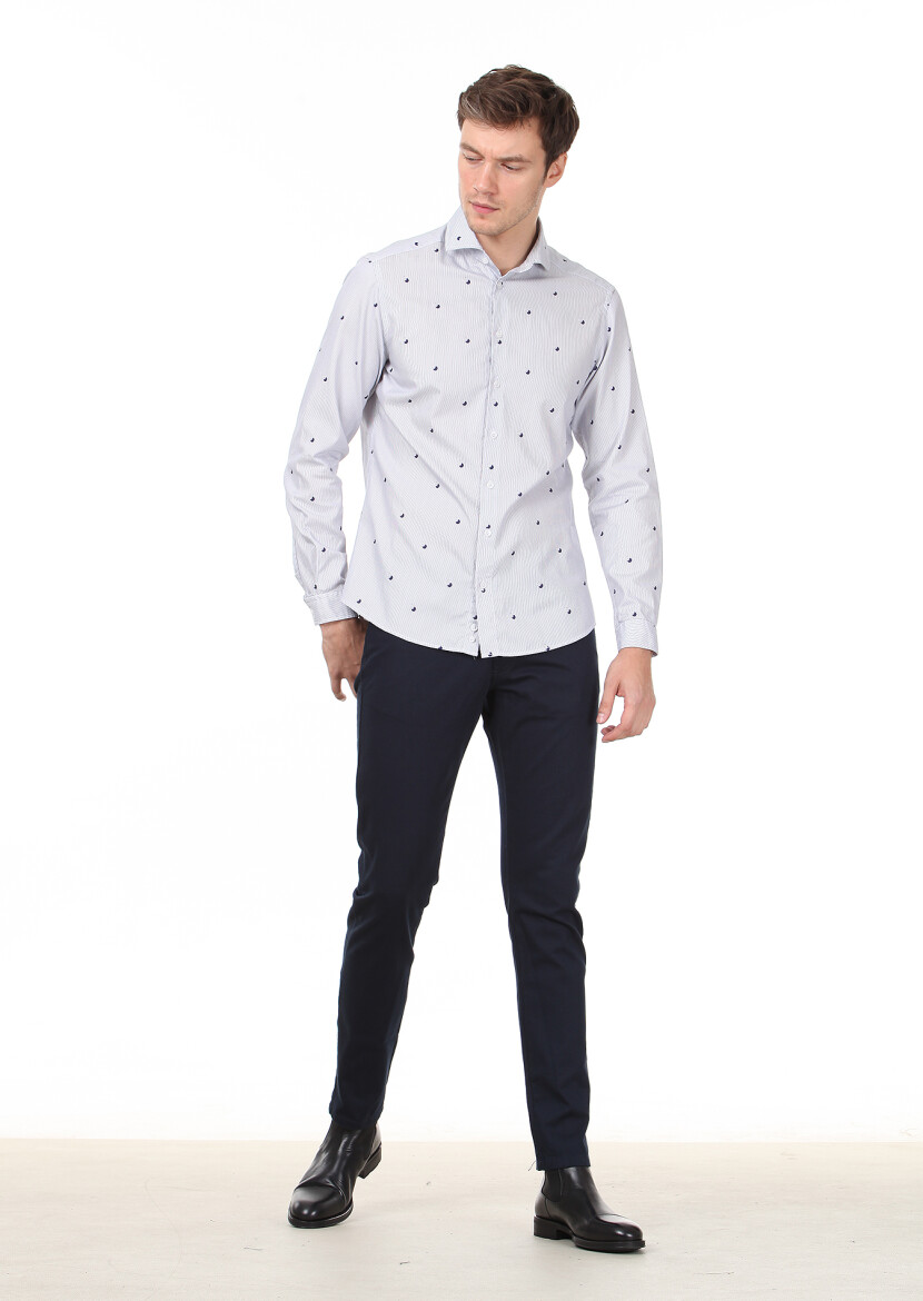 Navy Blue Printed Slim Fit Long Weaving Casual 100% Cotton Shirt - 3
