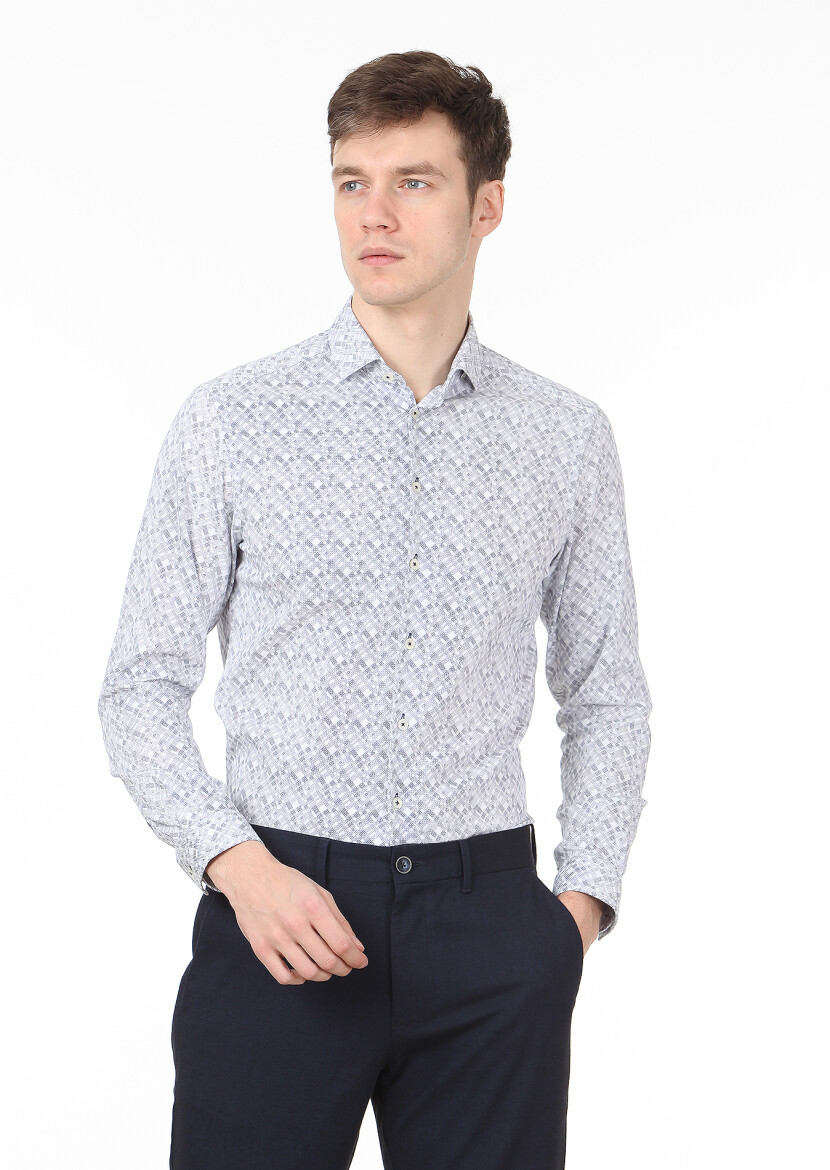 Navy Blue Printed Slim Fit Long Weaving Casual 100% Cotton Shirt - 1