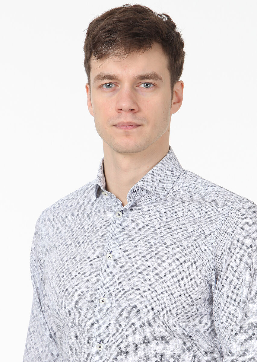 Navy Blue Printed Slim Fit Long Weaving Casual 100% Cotton Shirt - 2