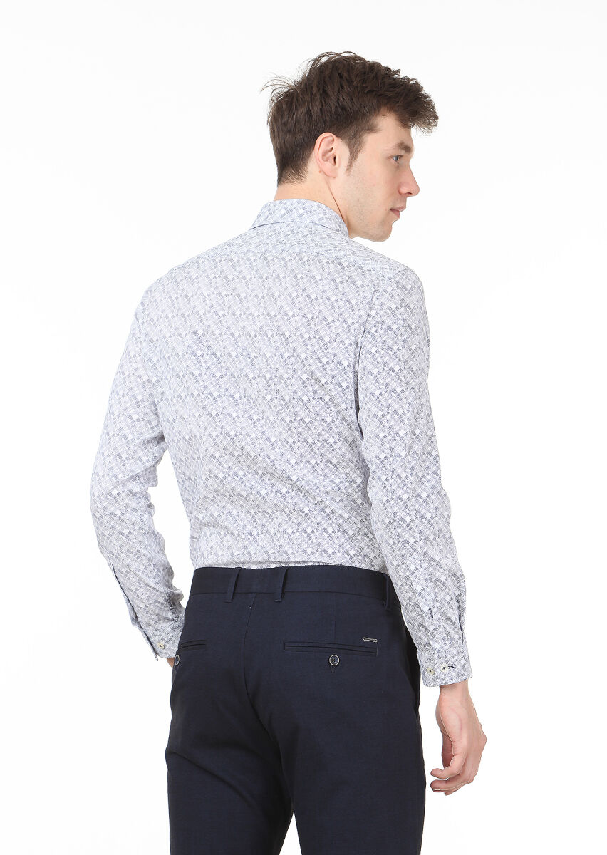 Navy Blue Printed Slim Fit Long Weaving Casual 100% Cotton Shirt - 4