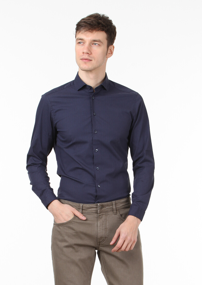Navy Blue Printed Slim Fit Long Weaving Casual 100% Cotton Shirt - 1