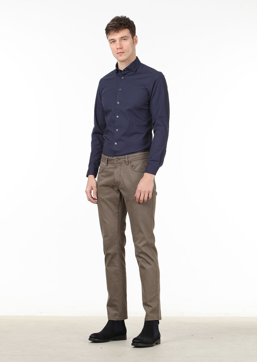 Navy Blue Printed Slim Fit Long Weaving Casual 100% Cotton Shirt - 3