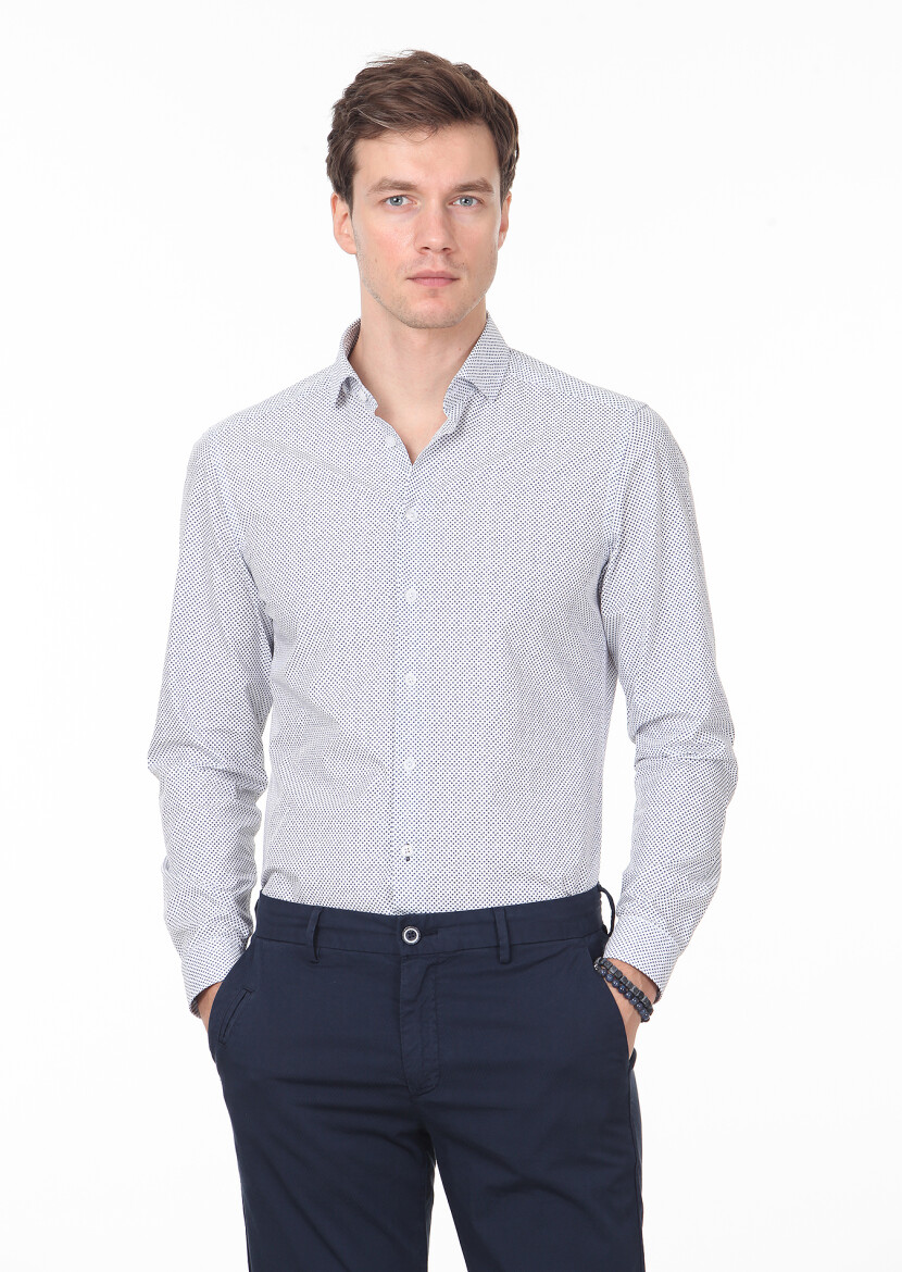 Navy Blue Printed Slim Fit Long Weaving Casual 100% Cotton Shirt - 1