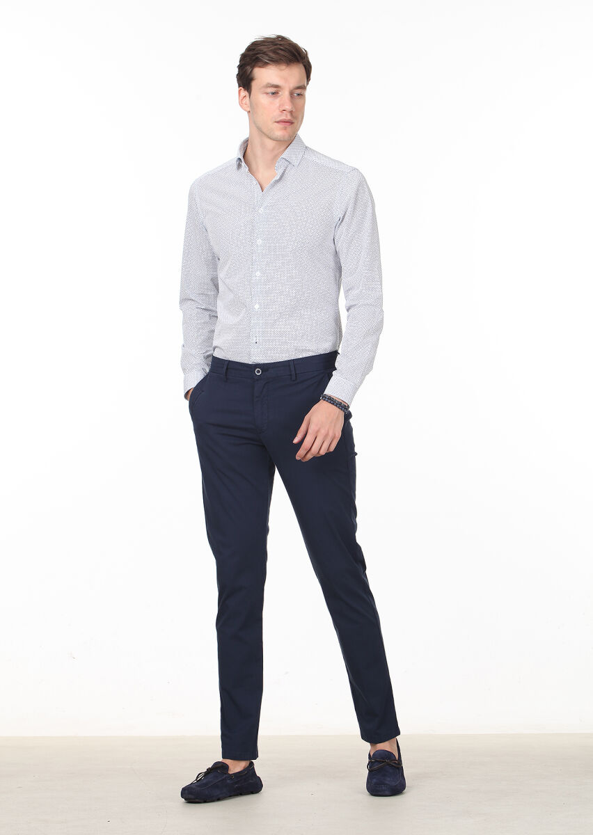 Navy Blue Printed Slim Fit Long Weaving Casual 100% Cotton Shirt - 3