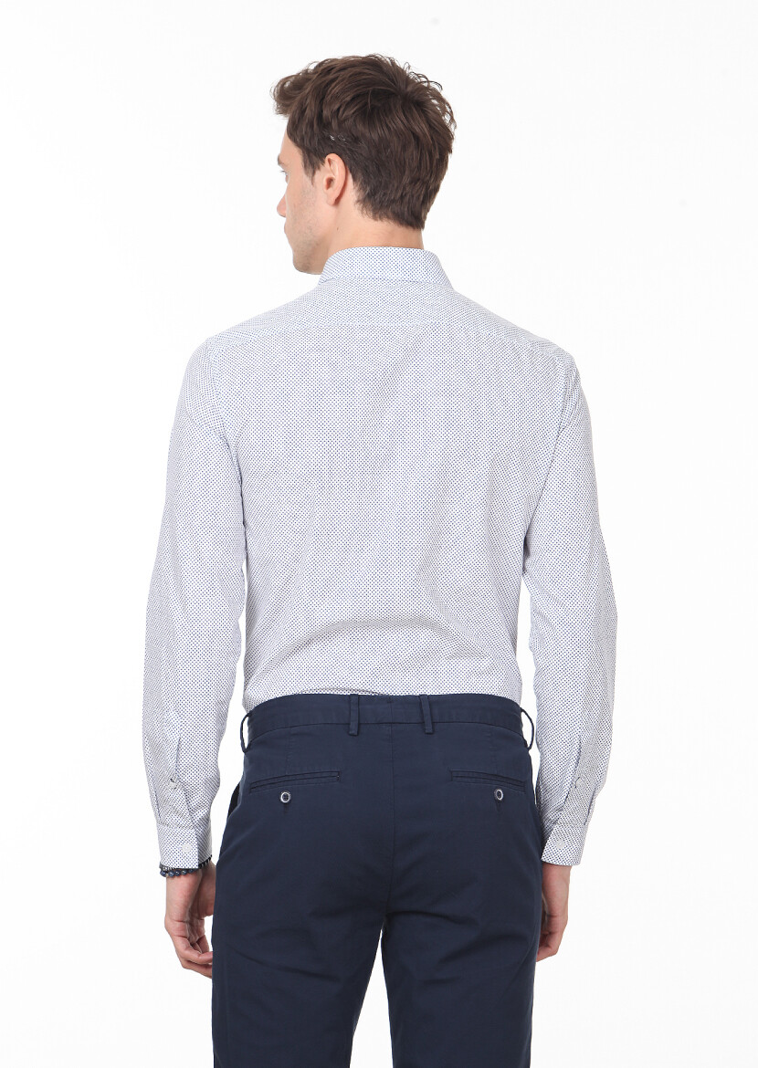 Navy Blue Printed Slim Fit Long Weaving Casual 100% Cotton Shirt - 4