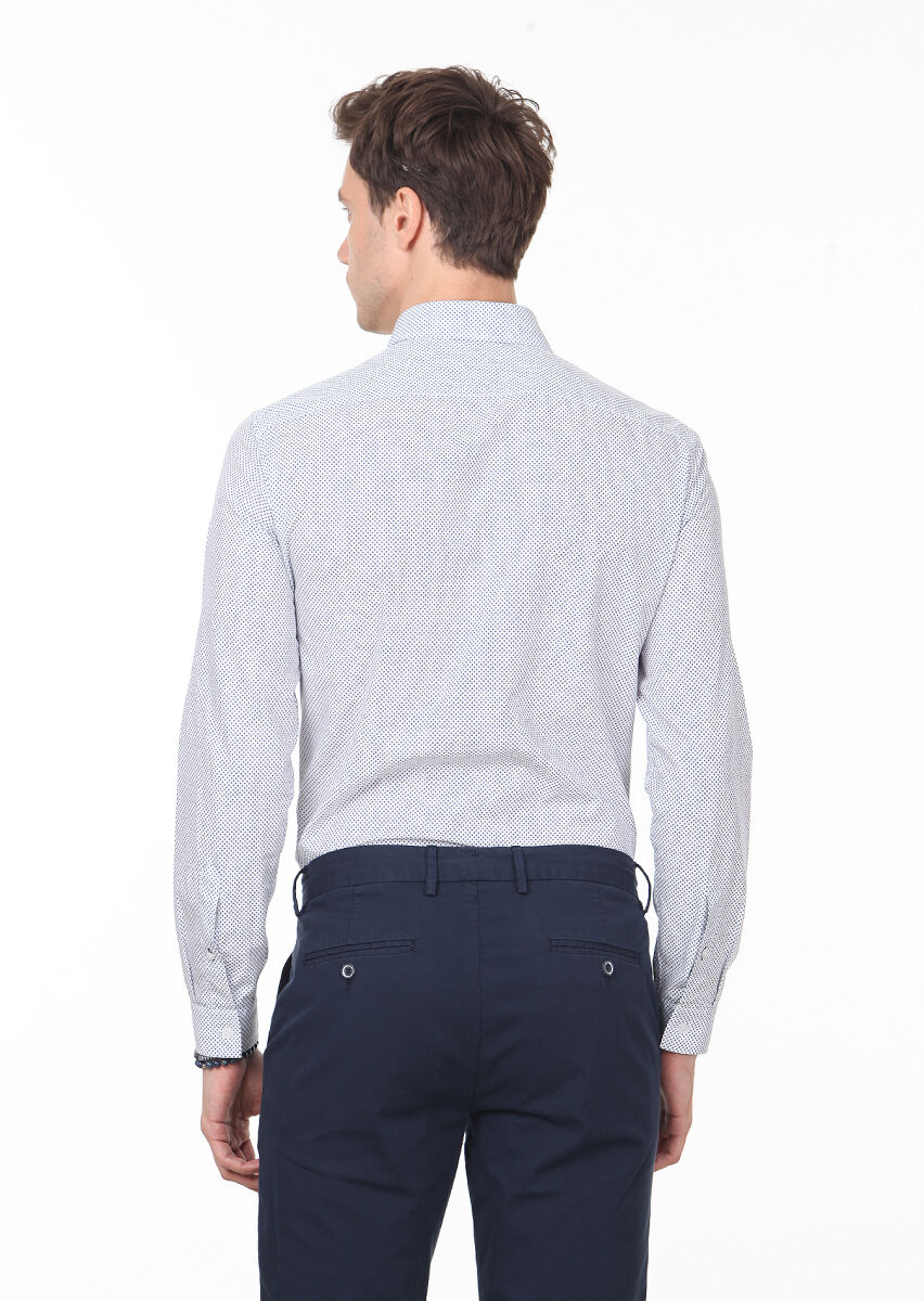 Navy Blue Printed Slim Fit Long Weaving Casual 100% Cotton Shirt - 4