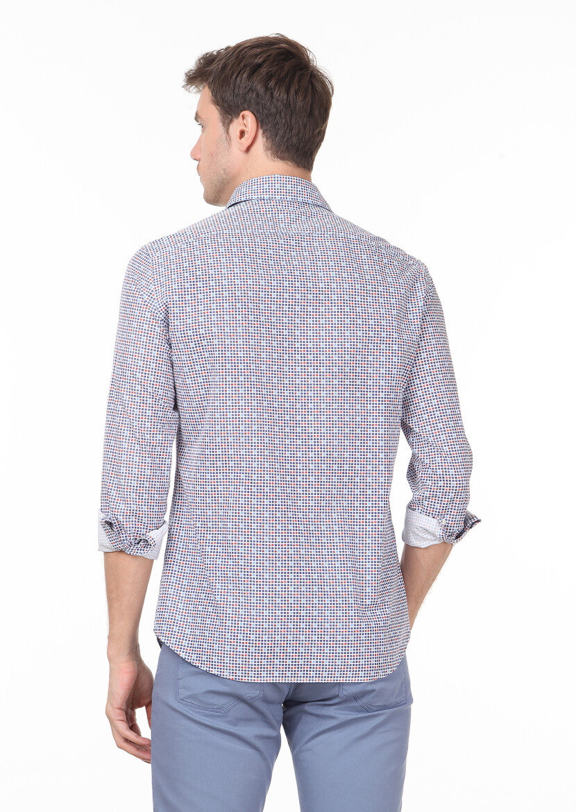 Navy Blue Printed Slim Fit Long Weaving Casual 100% Cotton Shirt - 4