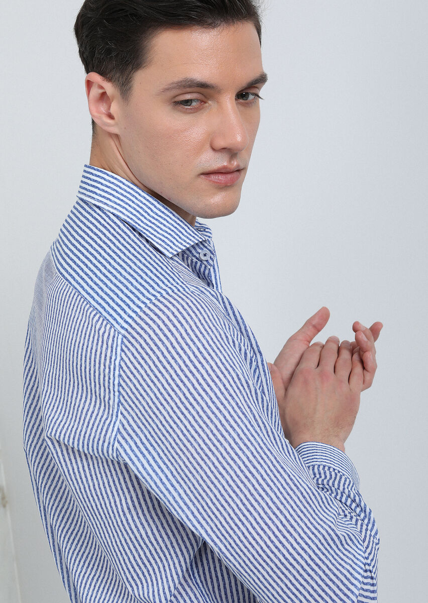 Navy Blue Printed Slim Fit Long Weaving Casual 100% Cotton Shirt - 3