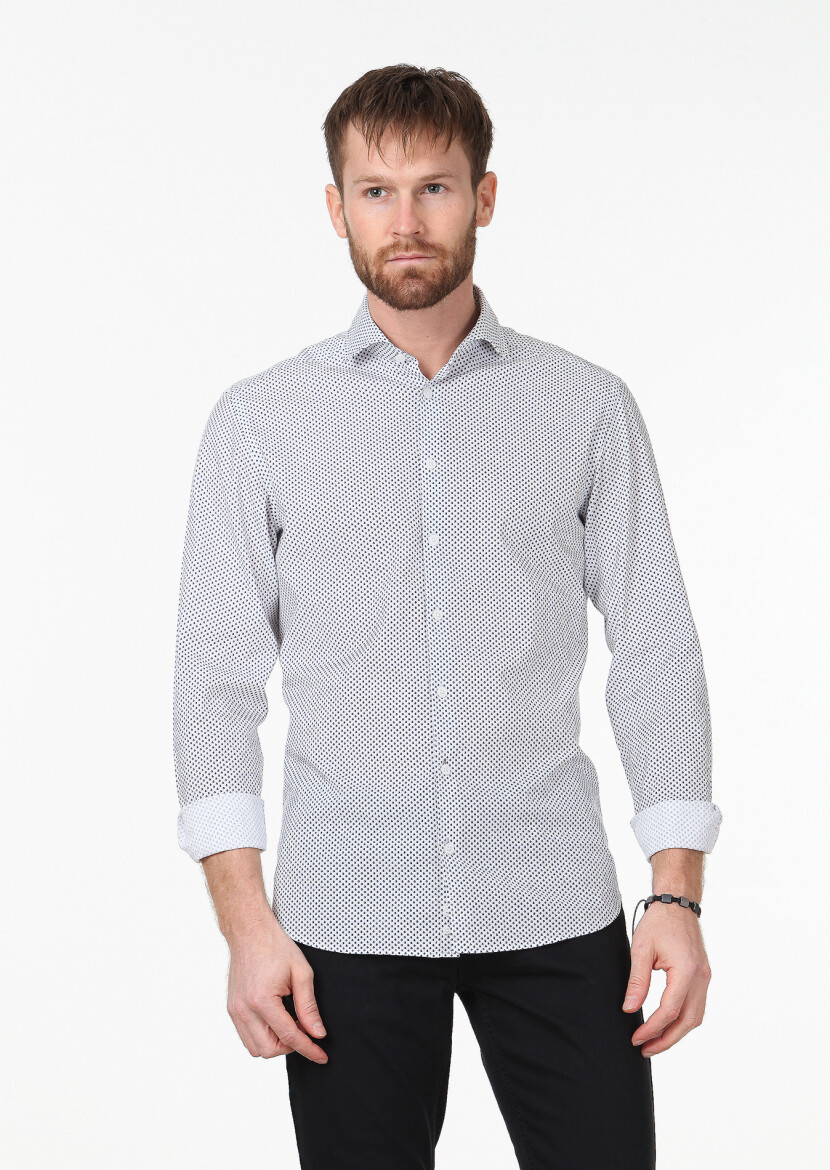 Navy Blue Printed Slim Fit Long Weaving Casual Cotton Blended Shirt - 1