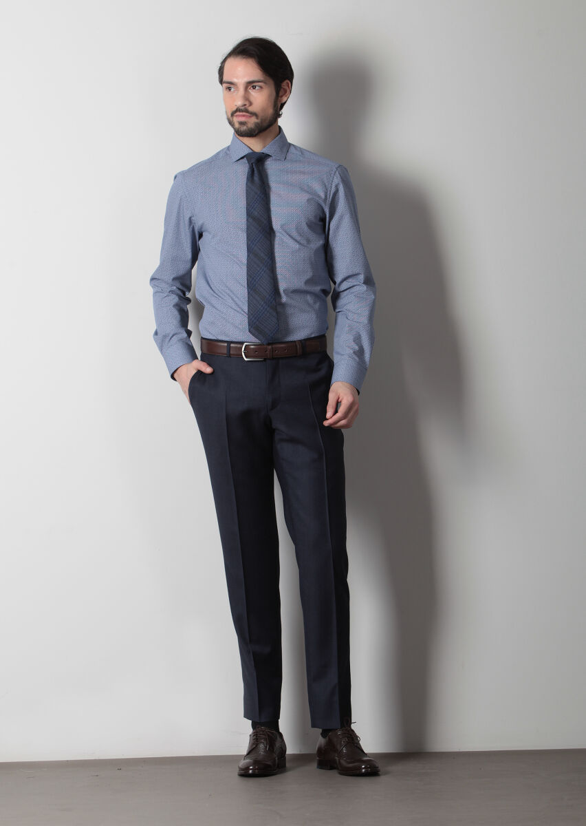 Navy Blue Printed Slim Fit Long Weaving Classical 100% Cotton Shirt - 1