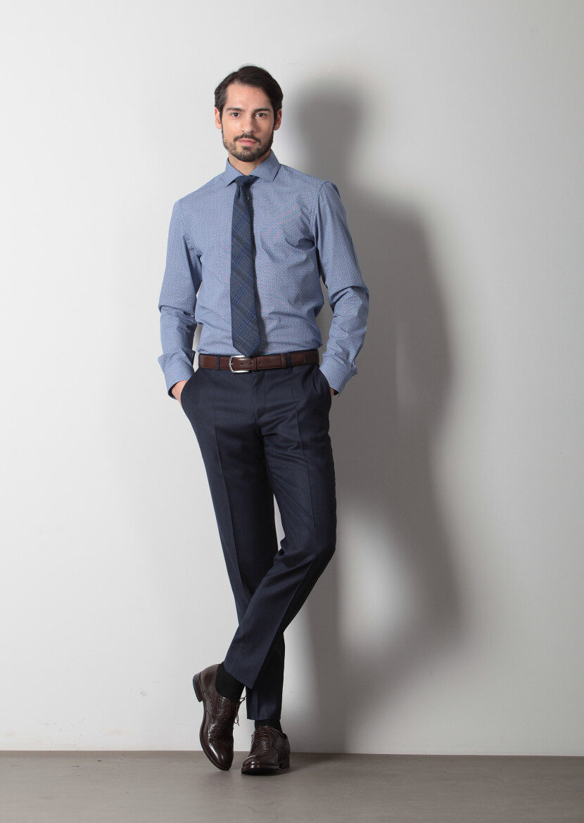 Navy Blue Printed Slim Fit Long Weaving Classical 100% Cotton Shirt - 3