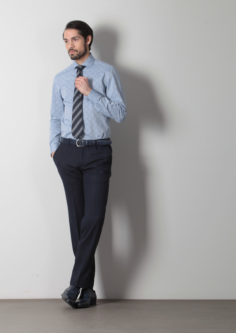 Navy Blue Printed Slim Fit Long Weaving Classical 100% Cotton Shirt - 2
