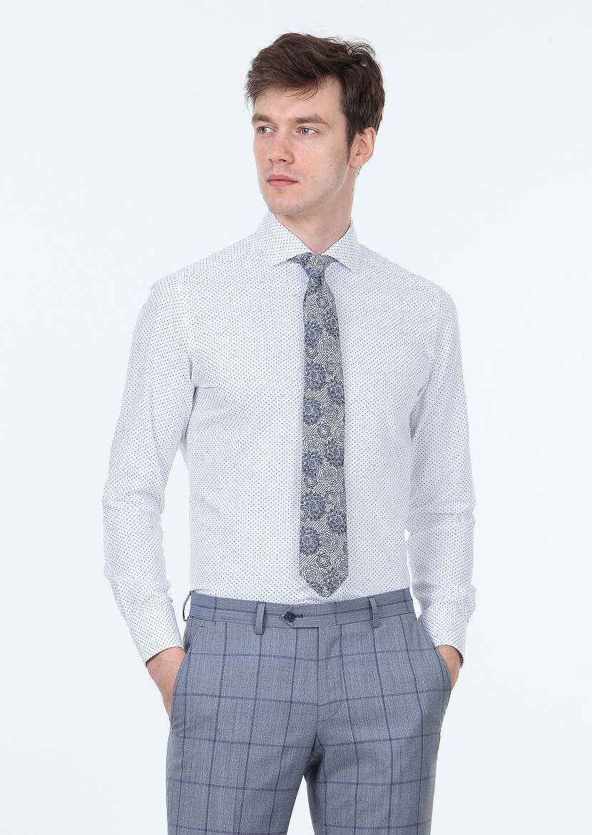 Navy Blue Printed Slim Fit Long Weaving Classical 100% Cotton Shirt - 1