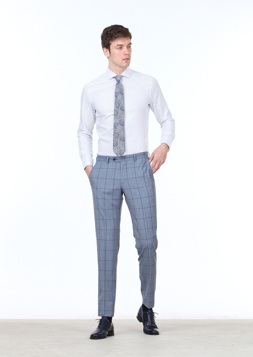 Navy Blue Printed Slim Fit Long Weaving Classical 100% Cotton Shirt - 2