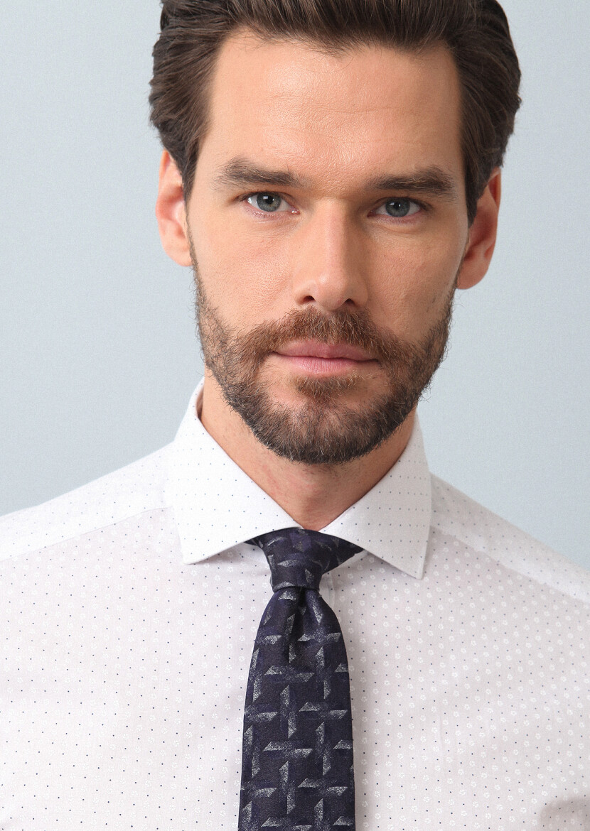 Navy Blue Printed Slim Fit Long Weaving Classical 100% Cotton Shirt - 2