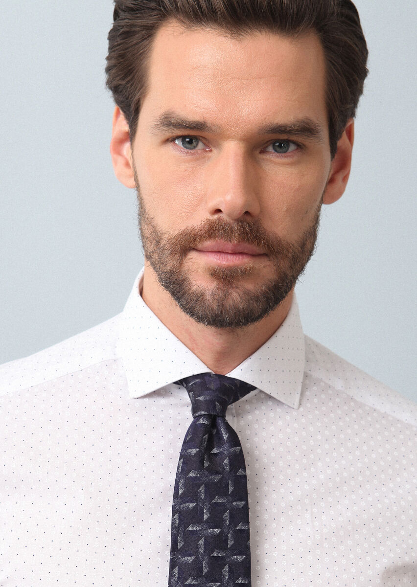 Navy Blue Printed Slim Fit Long Weaving Classical 100% Cotton Shirt - 2