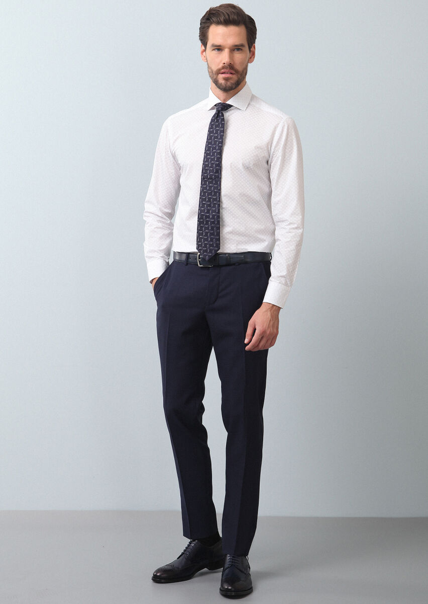 Navy Blue Printed Slim Fit Long Weaving Classical 100% Cotton Shirt - 3