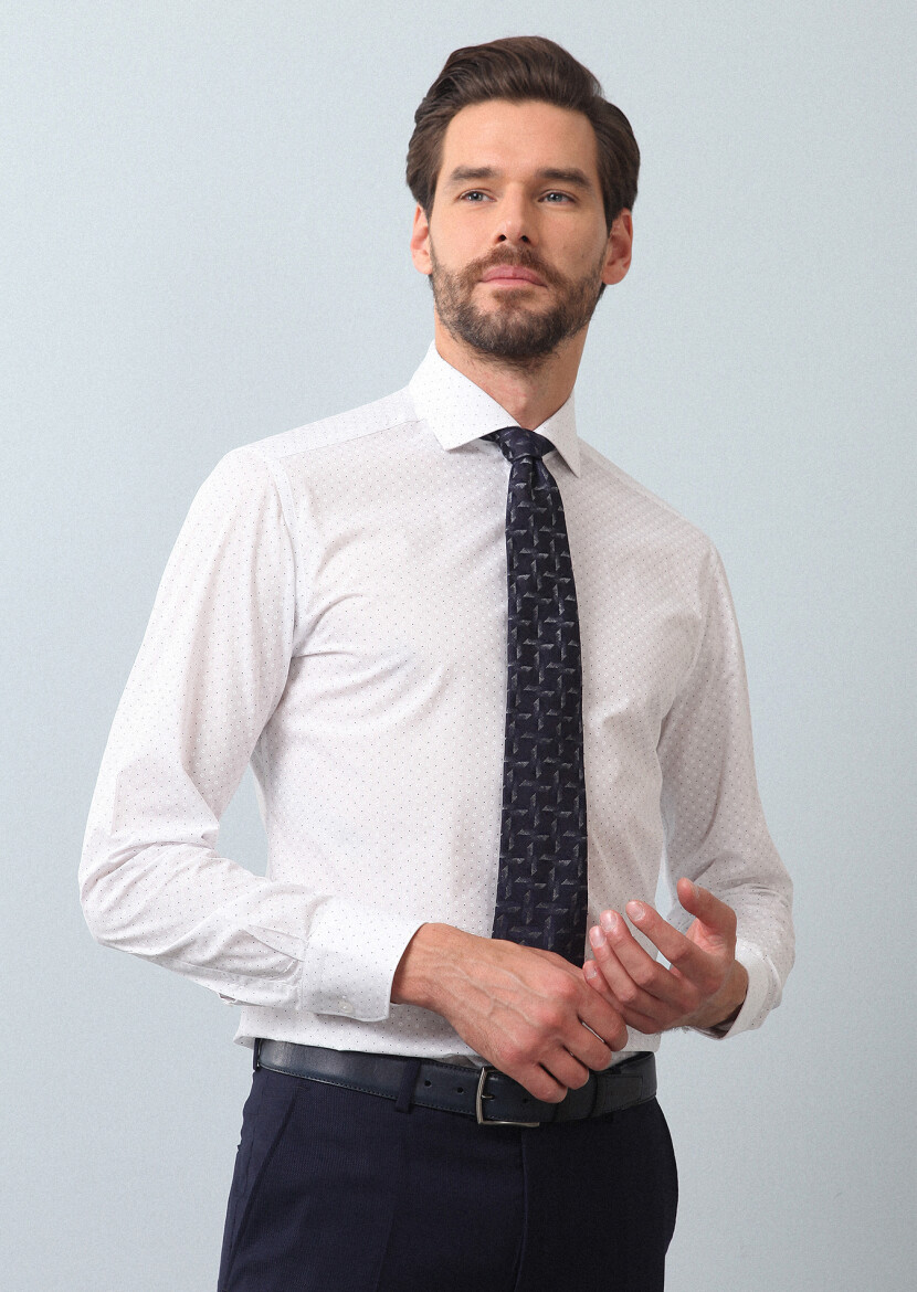 Navy Blue Printed Slim Fit Long Weaving Classical 100% Cotton Shirt - 4