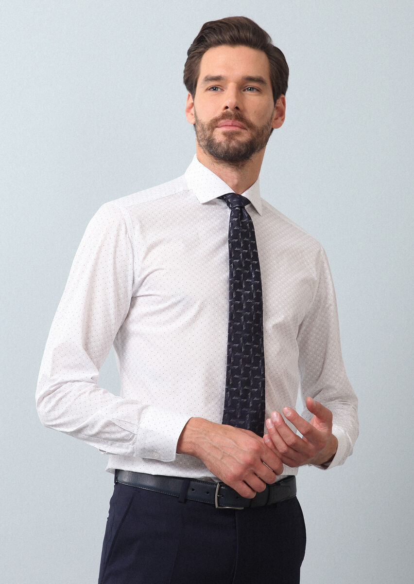 Navy Blue Printed Slim Fit Long Weaving Classical 100% Cotton Shirt - 4