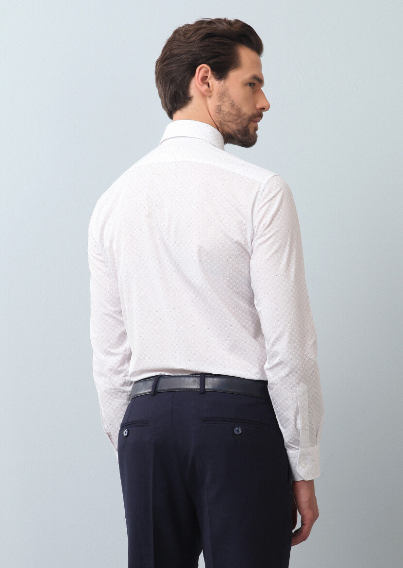 Navy Blue Printed Slim Fit Long Weaving Classical 100% Cotton Shirt - 5