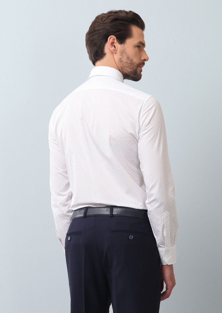 Navy Blue Printed Slim Fit Long Weaving Classical 100% Cotton Shirt - 5