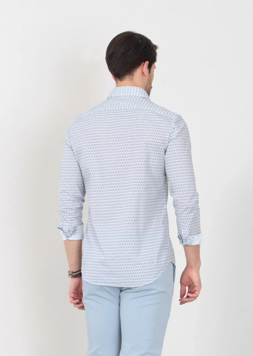 Navy Blue Printed Slim Fit Weaving Casual 100% Cotton Shirt - 5