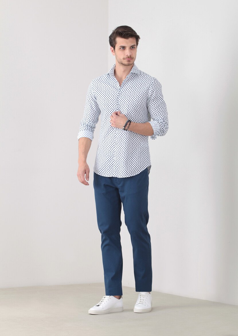 Navy Blue Printed Slim Fit Weaving Casual 100% Cotton Shirt - 2