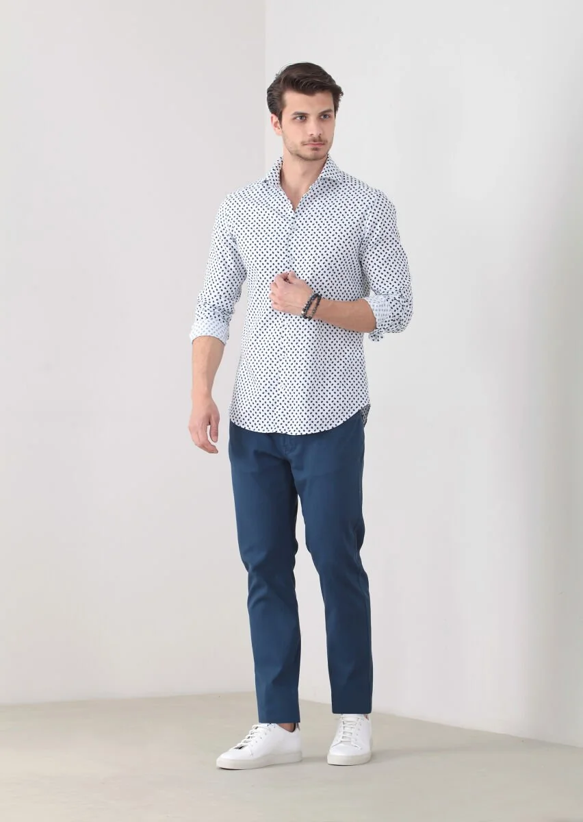 Navy Blue Printed Slim Fit Weaving Casual 100% Cotton Shirt - 2