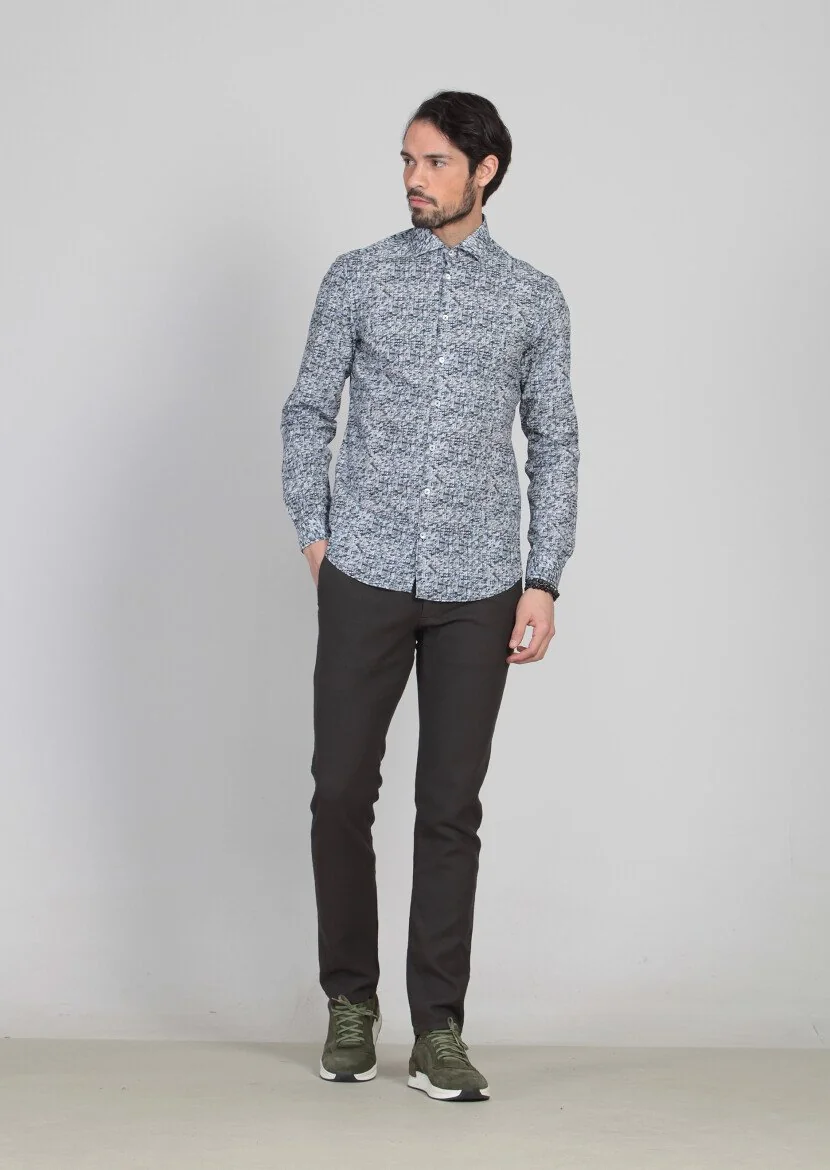 Navy Blue Printed Slim Fit Weaving Casual 100% Cotton Shirt - 1
