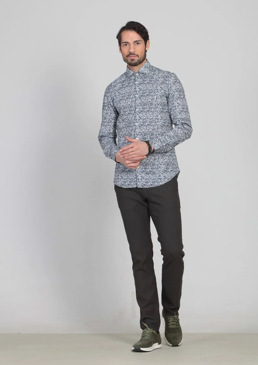 Navy Blue Printed Slim Fit Weaving Casual 100% Cotton Shirt - 3
