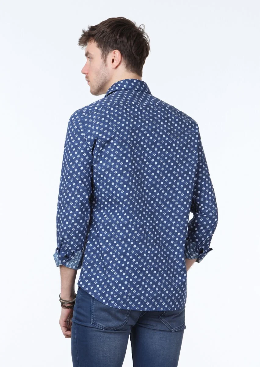 Navy Blue Printed Slim Fit Weaving Casual 100% Cotton Shirt - 4