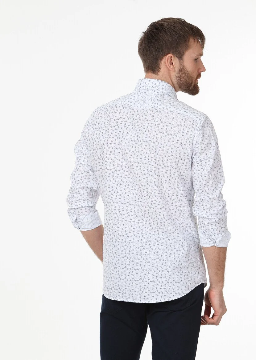 Navy Blue Printed Slim Fit Weaving Casual 100% Cotton Shirt - 4