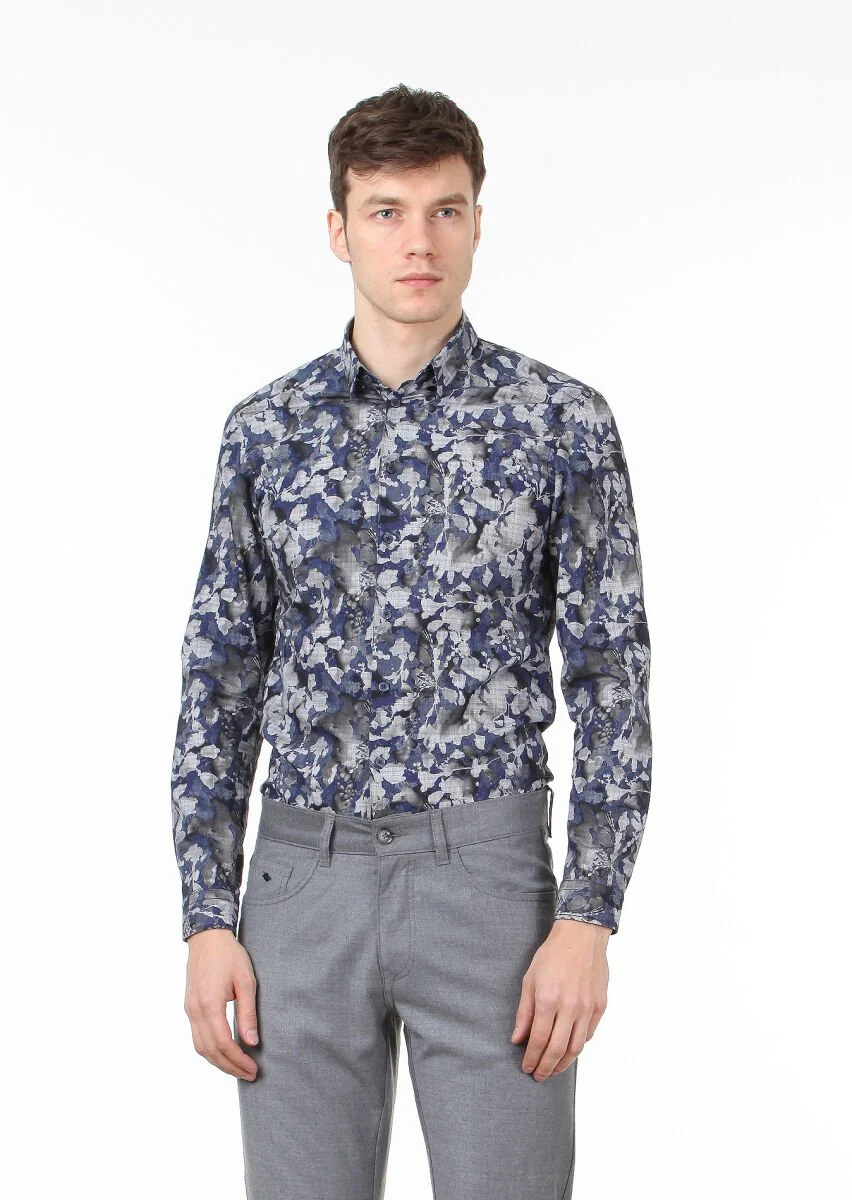 Navy Blue Printed Slim Fit Weaving Casual 100% Cotton Shirt - 1