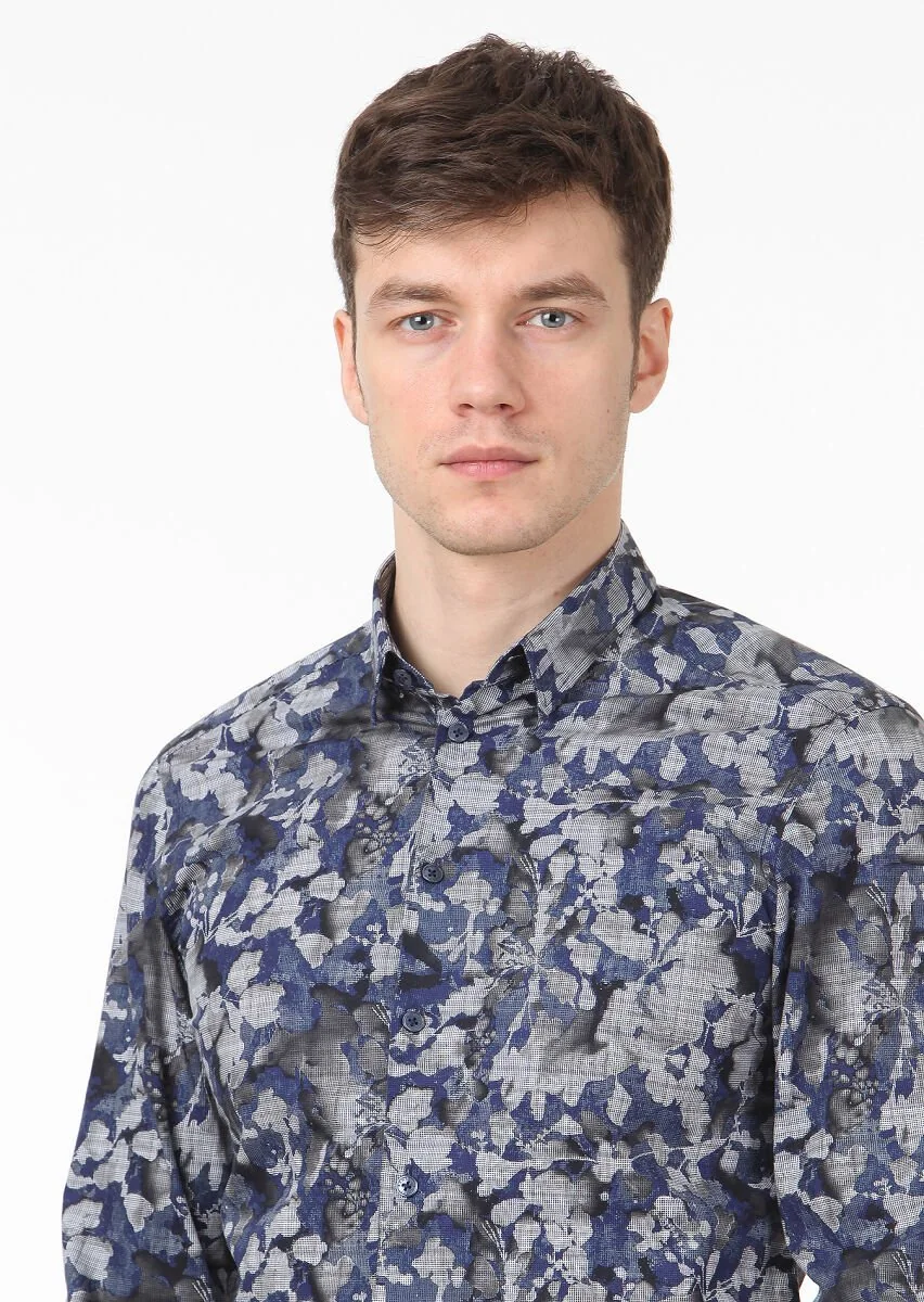 Navy Blue Printed Slim Fit Weaving Casual 100% Cotton Shirt - 2